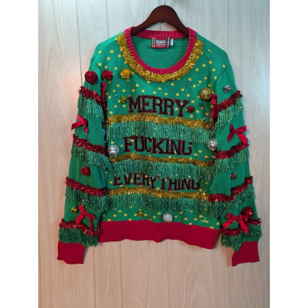 Spencer's Workshop Sweater Mens 2XL Ugly Christmas Merry Everything Pom Party
